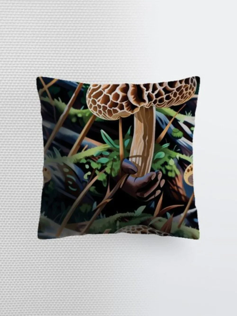 Foraging Morel Mushrooms in the Forest | Nature Art Print Gustave Cushion Cover